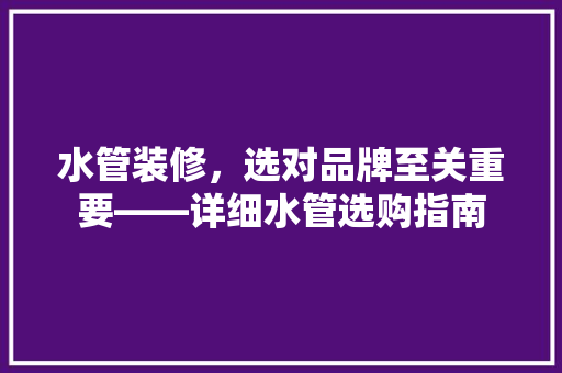 水管装修，选对品牌至关重要——详细水管选购指南