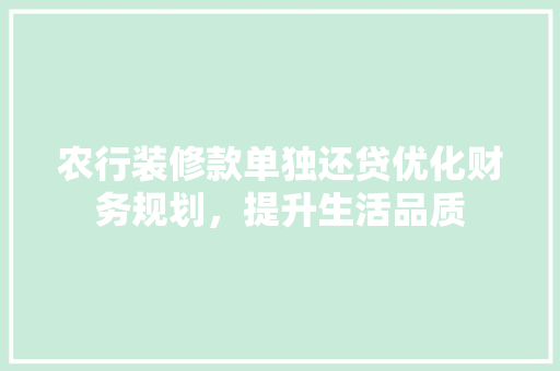 农行装修款单独还贷优化财务规划，提升生活品质