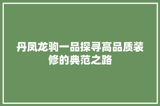 丹凤龙驹一品探寻高品质装修的典范之路